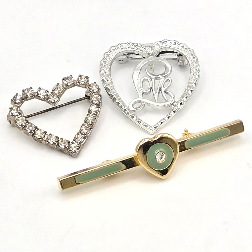 Vintage Heart Brooch Lot 3pc Rhinestone Love Script Gold Tone Enamel‎ Bar Pin
